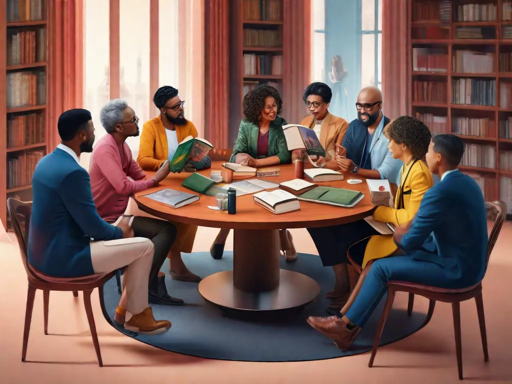 Uma imagem de um grupo diversificado de autores de diferentes países, sentados juntos em uma mesa redonda, envolvidos em uma discussão animada sobre literatura. Cada autor está segurando um livro representando sua respectiva cultura, simbolizando o alcance global e o impacto da literatura no ano de 2023.