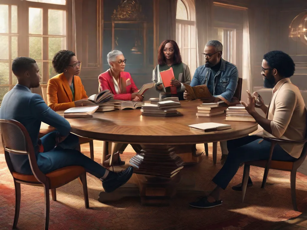 Uma imagem vibrante de uma biblioteca cheia de livros de todo o mundo, representando as vozes e histórias diversas que surgiram no mundo literário em 2023. As prateleiras estão transbordando de livros em diferentes idiomas, simbolizando o impacto global e a ressonância da literatura naquele ano.