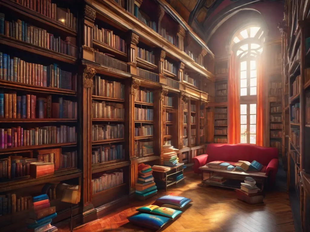Uma imagem vibrante de uma biblioteca cheia de livros de todo o mundo, representando as vozes e histórias diversas que surgiram no mundo literário em 2023. As prateleiras estão transbordando de livros em diferentes idiomas, simbolizando o impacto global e a ressonância da literatura naquele ano.