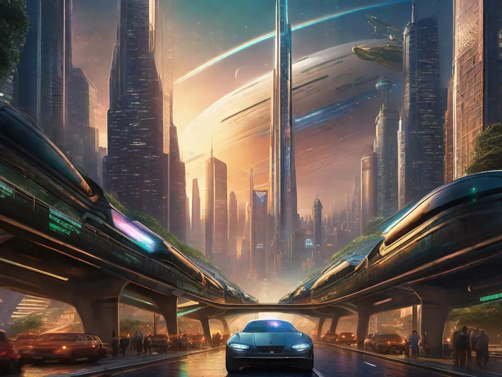 Uma cidade futurista se ergue imponente contra um céu estrelado, com arranha-céus imponentes se estendendo em direção aos céus. Veículos flutuantes zumbem pelo ar, enquanto anúncios holográficos iluminam as movimentadas ruas abaixo. Essa imagem captura a essência do surgimento e evolução da literatura de ficção científica, transportando os
