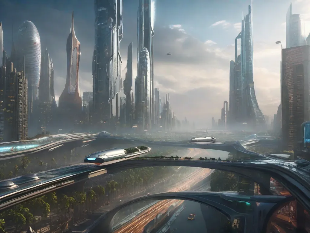 Uma paisagem urbana futurista emerge da névoa, com arranha-céus imponentes se estendendo em direção aos céus. Veículos flutuantes zumbem pelo ar, enquanto tecnologia avançada e espécies alienígenas coexistem em harmonia. Essa imagem encapsula a evolução da literatura de ficção científica, onde mundos imaginativos e ideias inovadoras