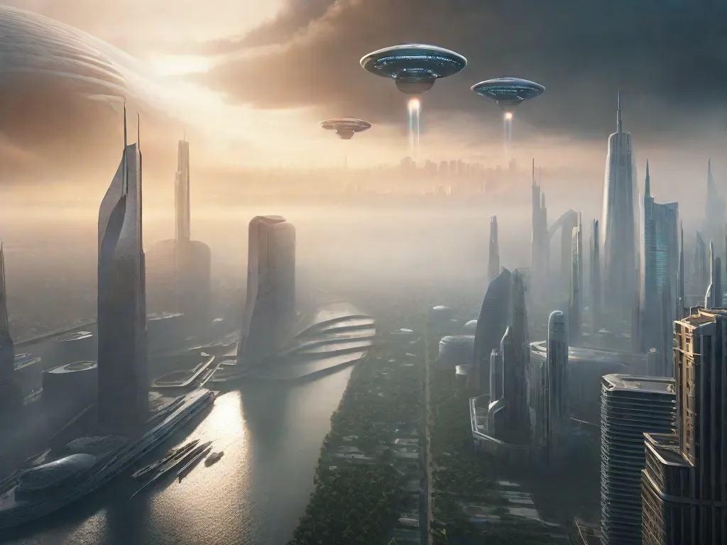 Uma paisagem urbana futurista emerge da névoa, com arranha-céus imponentes se estendendo em direção aos céus. Veículos flutuantes zumbem pelo ar, enquanto tecnologia avançada e espécies alienígenas coexistem em harmonia. Essa imagem encapsula a evolução da literatura de ficção científica, onde mundos imaginativos e ideias inovadoras