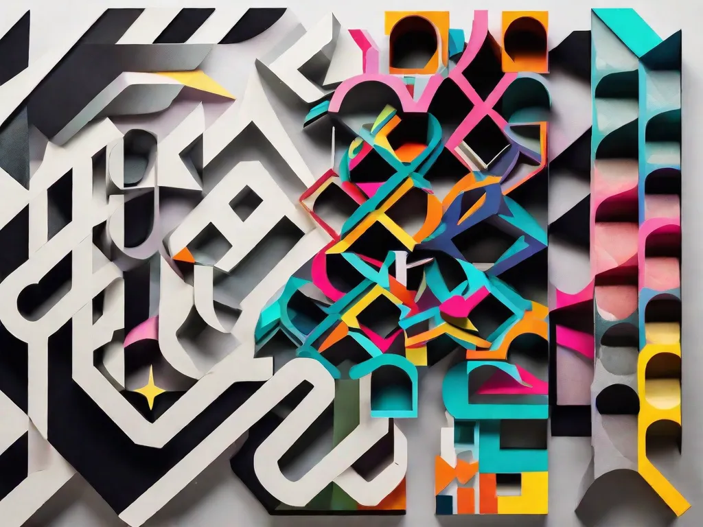 Uma vibrante colagem de formas geométricas e cores audaciosas, representando o movimento de poesia concreta brasileira. A imagem destaca a fusão da tipografia com a arte visual, capturando o espírito experimental e inovador do movimento. Cada elemento interage harmoniosamente, formando uma composição visualmente impactante que incorpora a essência da poesia concreta brasileira.