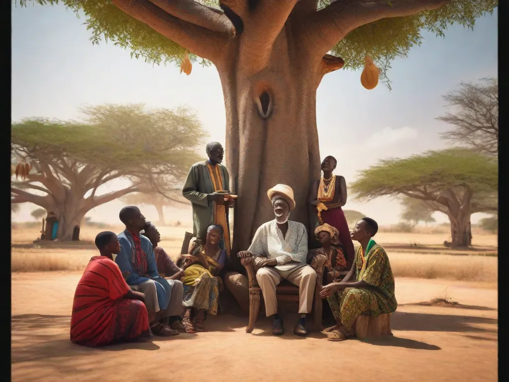 Um contador de histórias africano idoso senta-se sob uma árvore baobá expansiva, cercado por ouvintes ansiosos. Com gestos animados e uma voz cativante, ele tece contos de antigas tradições, transmitindo a rica herança oral da África para a próxima geração, preservando um tesouro de literatura mundial.