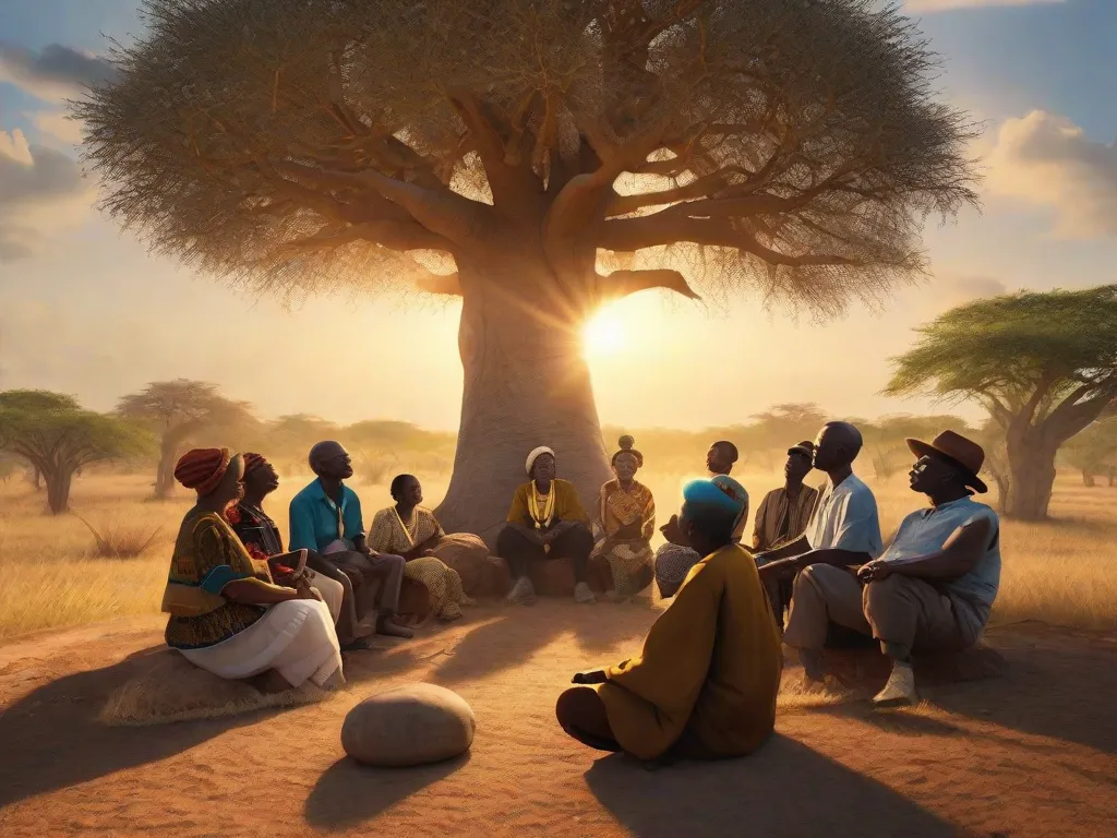Um contador de histórias africano idoso senta-se sob uma árvore baobá expansiva, cativando um círculo de ouvintes ansiosos com gestos animados e expressões faciais expressivas. Os raios dourados do sol poente banham a cena, iluminando a sabedoria e a riqueza das tradições orais africanas que foram transmitidas ao longo das gerações