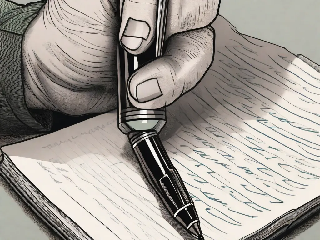 Uma imagem em close-up da mão de um escritor segurando uma caneta, pairando sobre uma folha em branco. O rosto do escritor está cheio de determinação e concentração, simbolizando os desafios enfrentados pelos escritores brasileiros em 2023. A imagem captura a essência da luta do escritor para criar conteúdo significativo e impactante em um cenário literário em constante evolução