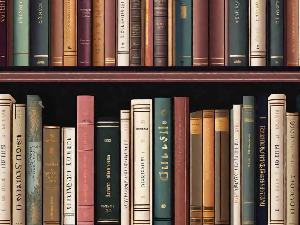 Descrição da imagem: Um close-up de uma estante cheia de diversos trabalhos literários. Entre eles, há livros com títulos como 