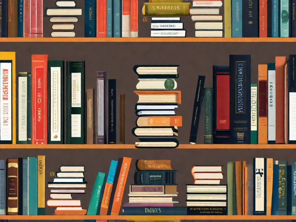 Uma imagem retratando uma pilha de livros com os títulos representando diferentes gêneros e formatos, como romances, não-ficção, e-books, audiobooks e revistas. Os livros gradualmente fazem a transição de formatos impressos tradicionais para digitais, simbolizando a evolução da indústria editorial brasileira até 2023.