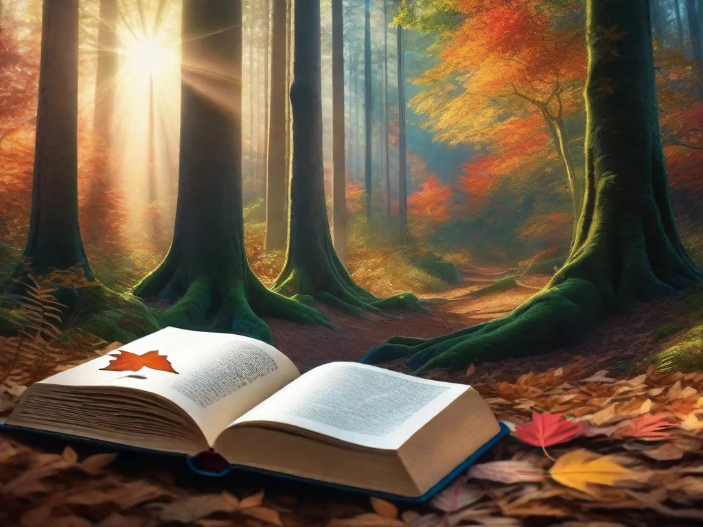Uma imagem vibrante de uma floresta exuberante e verdejante, com raios de sol filtrando através da densa folhagem. No primeiro plano, um livro aberto repousa sobre uma rocha coberta de musgo, simbolizando a conexão entre a literatura e o meio ambiente. As palavras nas páginas parecem ganhar vida, transformando-se em pássaros, flores e árvores, transmit