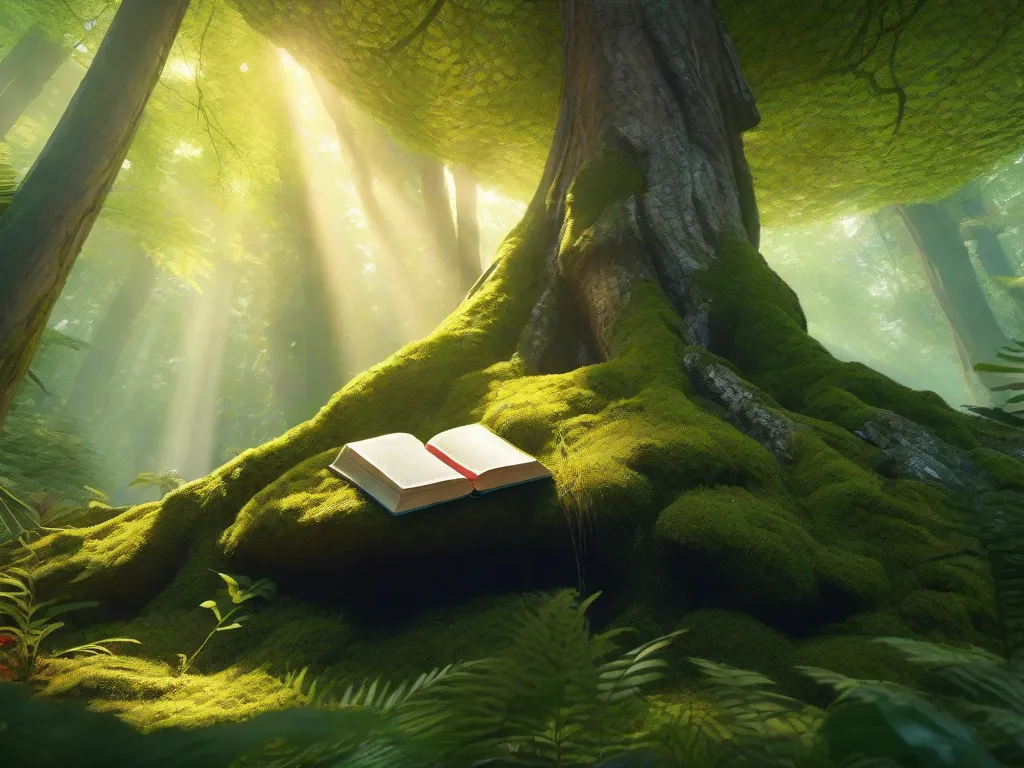 Uma ilustração vibrante mostra uma floresta exuberante, com árvores imponentes se estendendo em direção ao céu. A luz do sol filtrada pelas folhas lança um brilho dourado na vegetação vibrante. Um livro está aberto em uma pedra coberta de musgo, suas páginas adornadas com versos poéticos que ecoam a beleza e fragilidade da natureza.