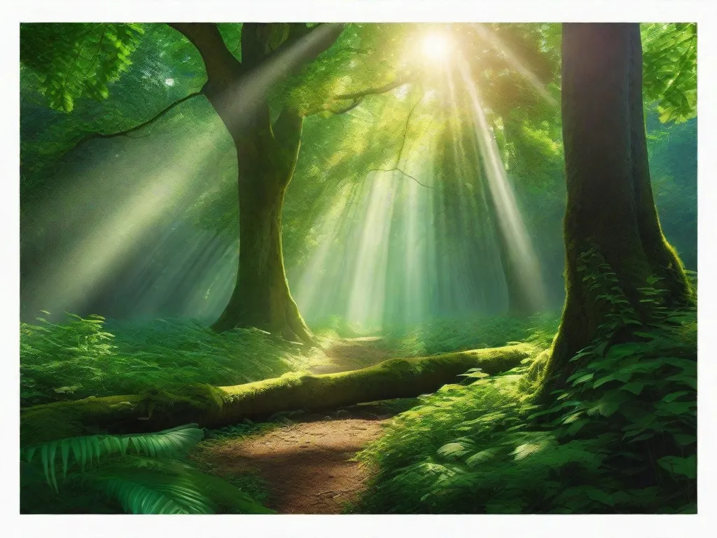 Uma imagem vibrante de uma floresta verdejante e exuberante, com raios de sol atravessando o dossel, destacando a beleza e a serenidade da natureza. A imagem captura a essência da conexão entre a literatura e o meio ambiente, pois as palavras se tornam uma poderosa ferramenta para expressar o apelo da natureza pela preservação e conservação.