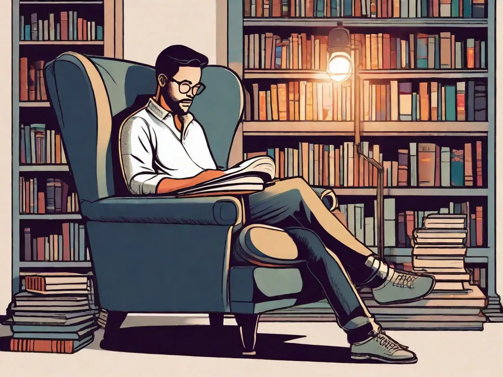 Descrição da imagem: Uma pessoa sentada em uma poltrona aconchegante, cercada por uma pilha de livros. A pessoa está absorta na leitura de um romance, seu rosto iluminado pelo brilho suave de uma luminária de leitura. Os livros nas prateleiras atrás deles representam diferentes gêneros e épocas, simbolizando as perspectivas e mundos diversos que a liter