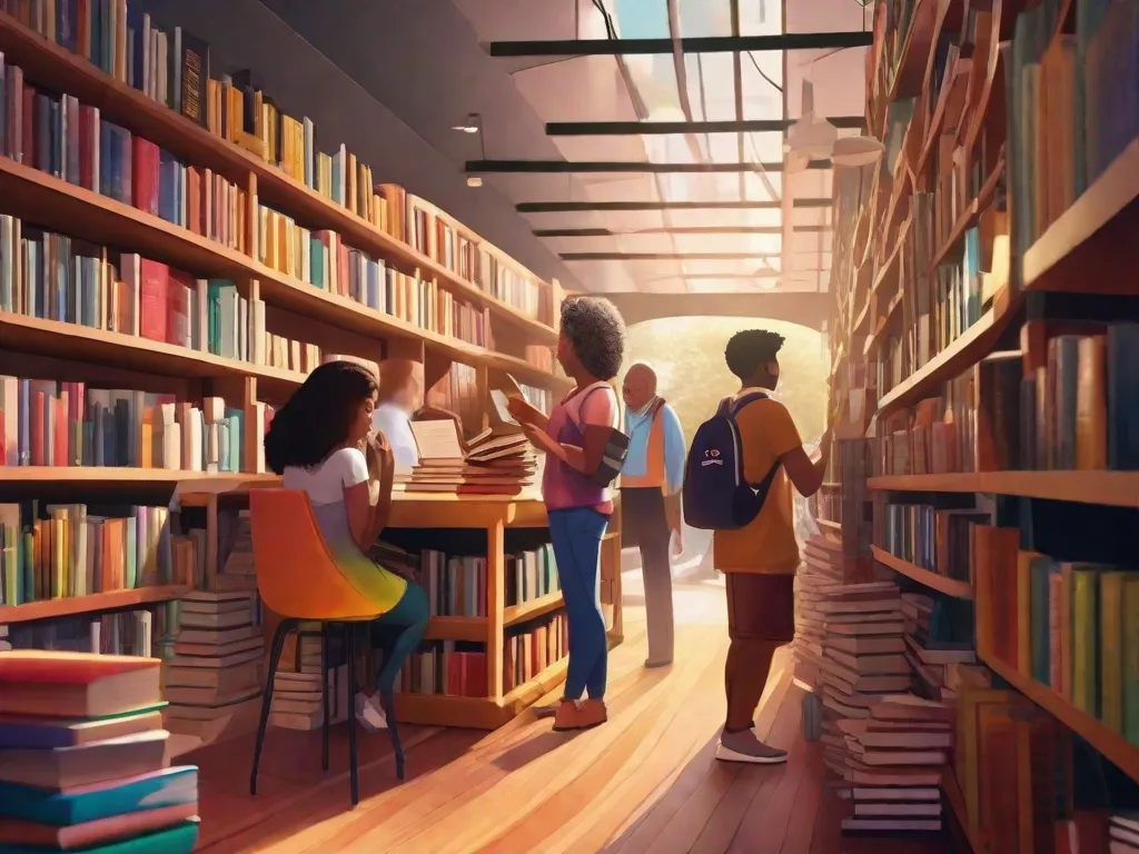 A imagem retrata uma livraria vibrante, com prateleiras cheias de livros diversos em vários gêneros. Clientes de todas as idades são vistos navegando pelos livros, engajando-se em conversas sobre literatura. A cena simboliza o crescimento e a evolução da indústria editorial brasileira, mostrando sua crescente acessibilidade e apelo para uma ampla gama de leitores