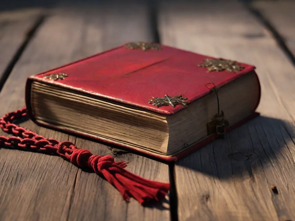 Descrição da imagem: Um close-up de um livro antigo e desgastado com uma capa vermelha. O livro está acorrentado a uma pesada mesa de madeira, simbolizando as restrições impostas pela censura literária. Partículas de poeira flutuam no ar, adicionando uma sensação de segredo e conhecimento proibido à cena.