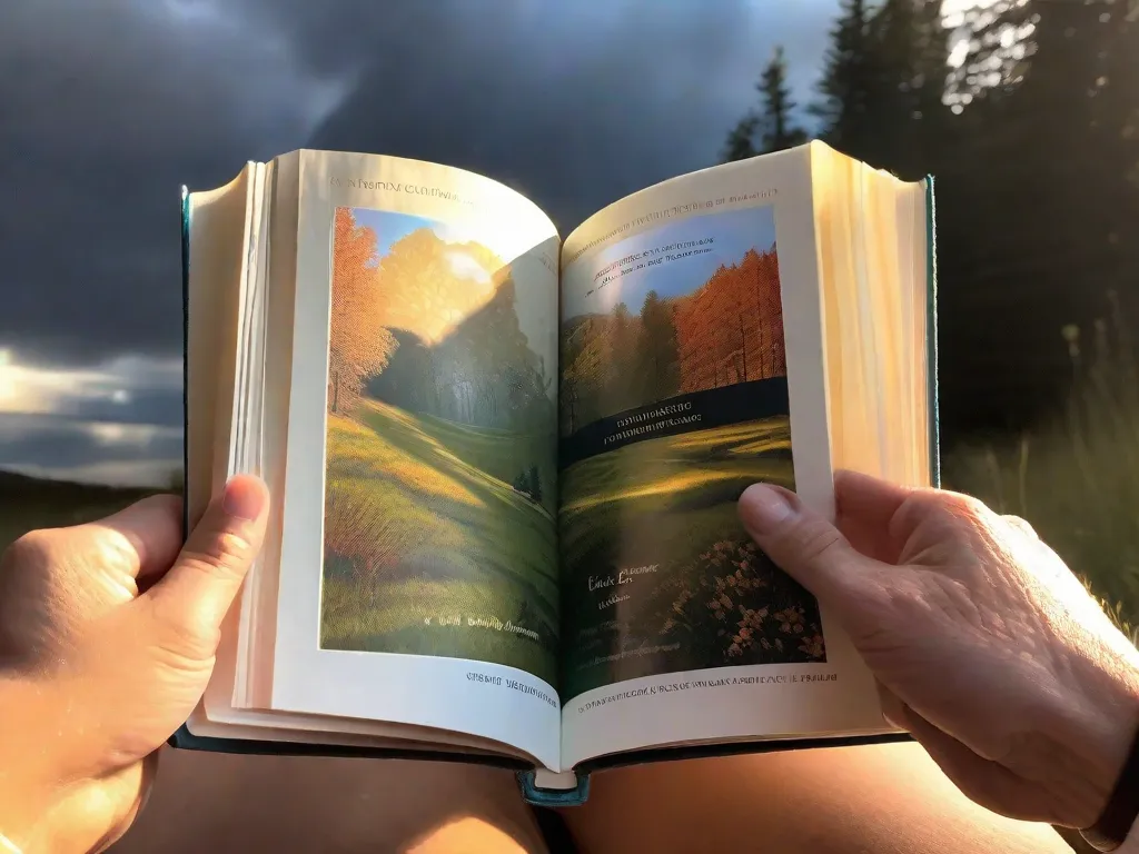 Descrição da imagem: Um close das mãos de uma pessoa segurando um livro, com raios de sol atravessando as páginas. O livro está aberto em uma página cheia de descrições vívidas de diferentes paisagens, personagens e emoções. A imagem representa como a literatura amplia nossa percepção do mundo, nos transportando para lugares diferentes e permitindo que vejamos através dos olhos de personagens diversos.