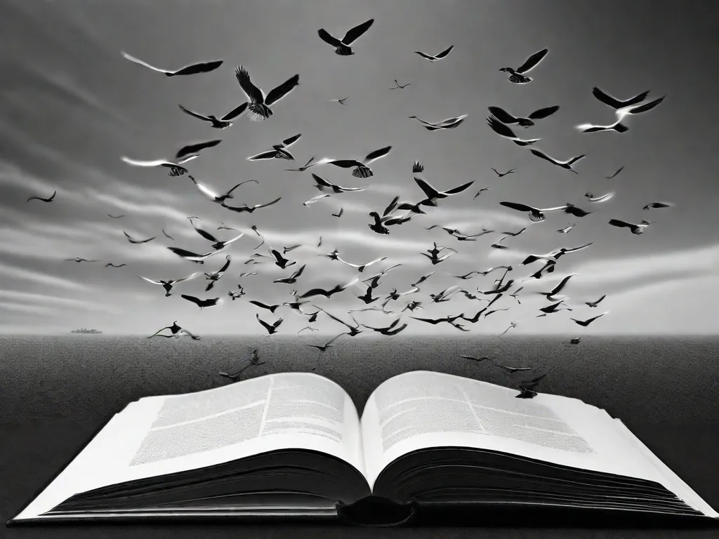 Uma imagem em preto e branco de um livro aberto com páginas voando para fora, transformando-se em um bando de pássaros voando no céu. A imagem simboliza como a literatura tem o poder de libertar mentes, inspirar imaginação e promover o pensamento crítico, permitindo que ideias alcem voo e atinjam novas alturas.