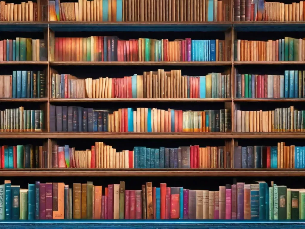 Uma imagem colorida de uma estante de livros cheia de livros de diferentes países, representando as diversas vozes e literatura que surgiram em 2023. Cada livro possui um design de capa e título únicos, simbolizando o impacto global da literatura e o poder da narrativa para transcender fronteiras e conectar pessoas ao redor do mundo.