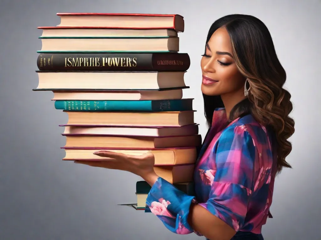 Uma imagem vibrante retratando uma pilha de livros com títulos inspiradores escritos por autoras femininas. Os livros estão abertos, revelando páginas cheias de palavras e ideias inspiradoras. Uma mão feminina está estendida, pronta para agarrar um dos livros, simbolizando o poder da literatura em capacitar as mulheres.
