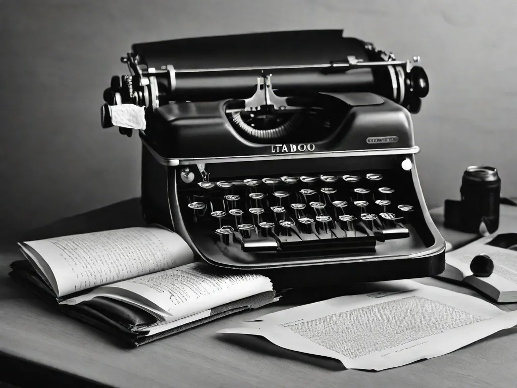 Descrição da imagem: Uma fotografia em preto e branco de uma pilha de livros com suas páginas abertas, revelando assuntos controversos e tabus escritos neles. Os títulos incluem temas como sexualidade, saúde mental, vício e desigualdade social. A imagem simboliza como a literatura corajosamente confronta e explora tabus sociais, provocando conversas importantes e desafiando normas