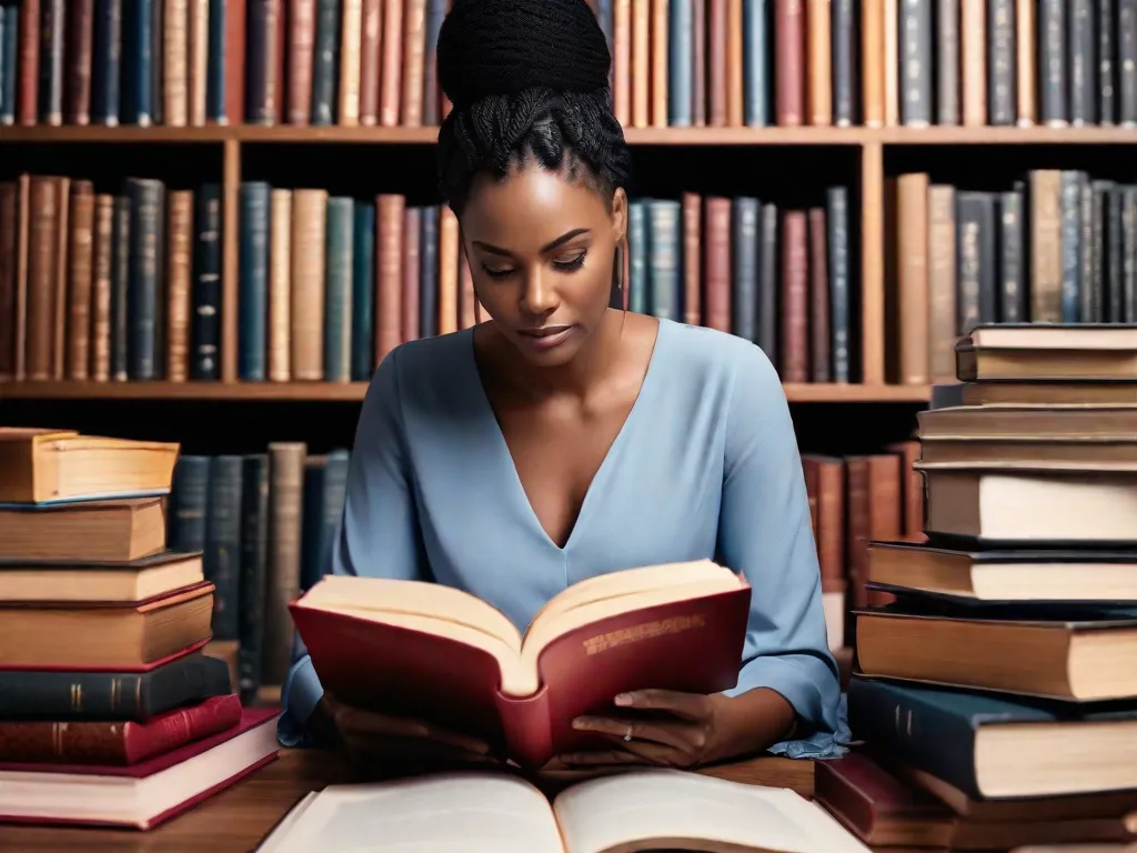 Uma imagem de uma mulher sentada confiantemente em uma mesa, cercada por uma pilha de livros. Ela está absorta na leitura, com uma expressão determinada no rosto. Os livros representam a diversidade de literatura que tem empoderado mulheres ao longo da história, permitindo que desafiem normas sociais e afirmem suas vozes.