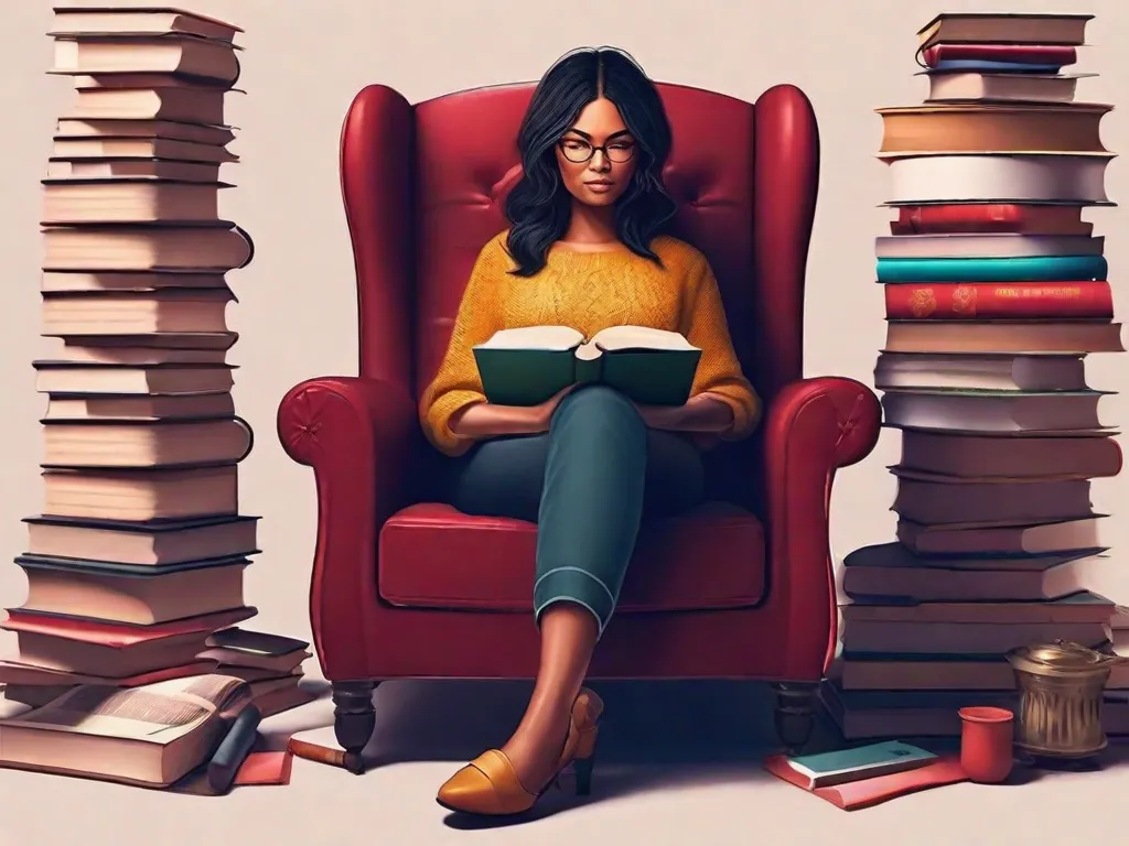 Uma imagem de uma mulher sentada em uma poltrona aconchegante, cercada por uma pilha de livros. Ela tem uma expressão determinada no rosto enquanto lê, simbolizando como a literatura pode empoderar as mulheres, fornecendo-lhes conhecimento, inspiração e uma voz para desafiar normas e estereótipos sociais.