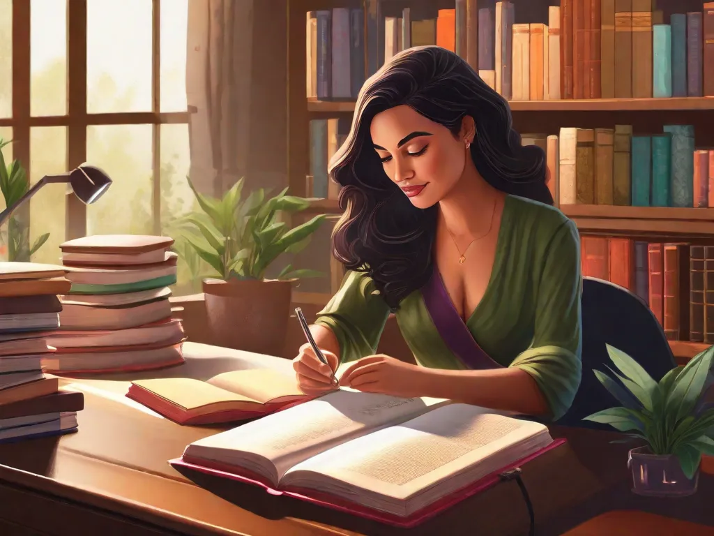 Descrição da imagem: Uma mulher sentada em uma mesa, rodeada por livros e materiais de escrita. Ela está absorta na leitura de um livro intitulado 