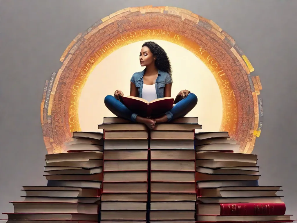Uma imagem vibrante de uma mulher sentada em um monte de livros, cercada por um halo de palavras. Os livros representam as vozes e histórias diversas das mulheres ao longo da história, enquanto o halo simboliza o poder e a iluminação que a literatura traz para capacitar as mulheres em sua busca pela igualdade e autoexpressão.