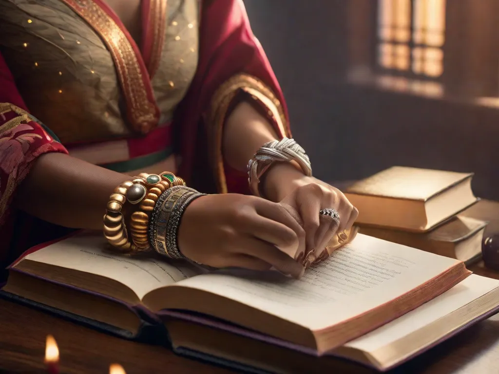 Descrição da imagem: Uma mulher sentada em uma mesa, rodeada por livros e materiais de escrita. Ela está absorta na leitura de um livro intitulado 