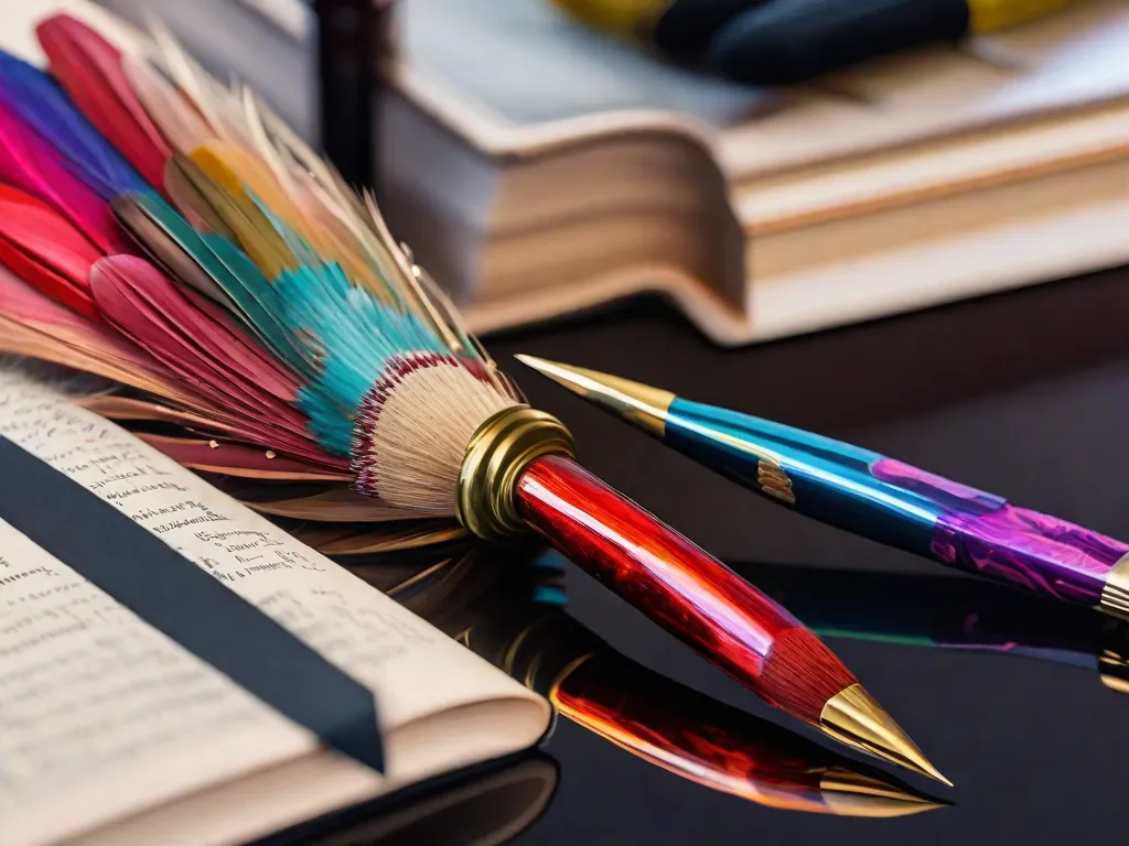 Uma pintura vibrante de um pincel mergulhado em tinta, criando intrincados redemoinhos e curvas em uma tela. Ao lado, um livro aberto com palavras fluindo como pinceladas coloridas, fundindo os mundos da literatura e da arte. A imagem captura a bela interação entre pintura e escrita, mostrando sua inspiração e influência mútuas.