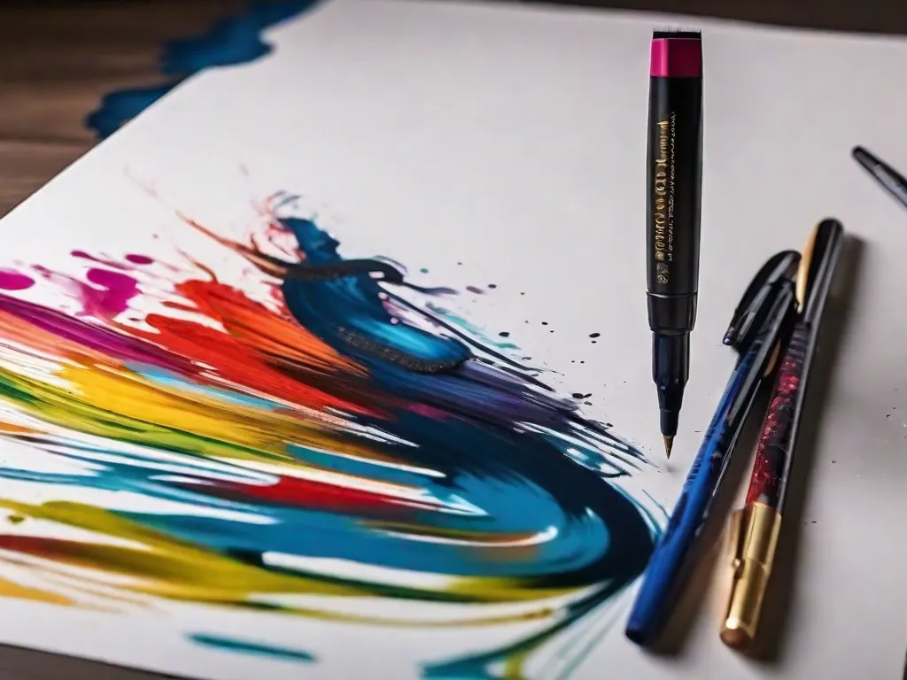 Uma vibrante pintura de um pincel e uma caneta entrelaçados, simbolizando a relação dinâmica entre a literatura e a arte. As pinceladas dão vida às palavras, enquanto a tinta derrama na tela, criando uma narrativa visual. A fusão de cores e letras representa a inspiração mútua e a influência entre a pintura e a escrita.