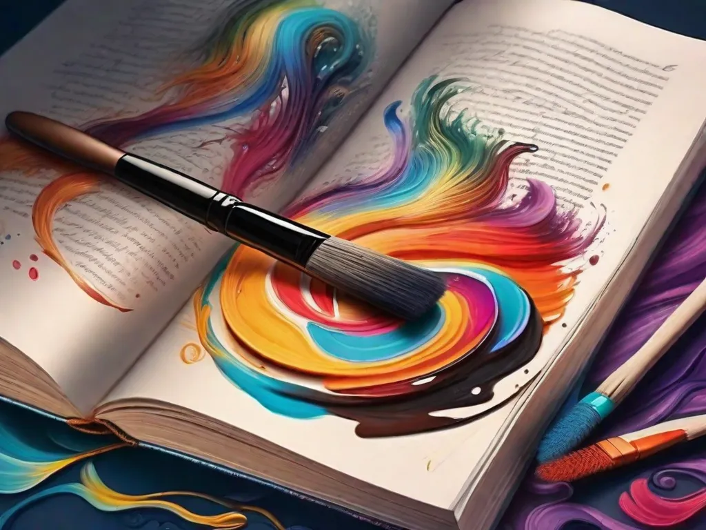Uma pintura vibrante de um pincel mergulhado em tinta, criando intrincados redemoinhos e curvas em uma tela. Ao lado, um livro aberto com palavras fluindo como pinceladas coloridas, fundindo os mundos da literatura e da arte. A imagem captura a bela interação entre pintura e escrita, mostrando sua inspiração e influência mútuas.