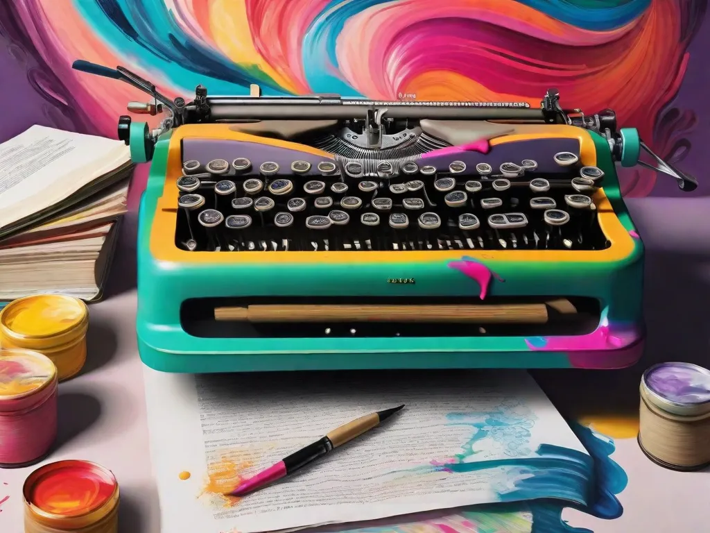 Uma vibrante pintura de um pincel mergulhado em tinta, criando intrincados redemoinhos e traços em uma tela. Ao lado, uma máquina de escrever com páginas se desenrolando, cada palavra se transformando em pinceladas coloridas. A fusão da literatura e da arte é retratada, mostrando como a pintura e a escrita influenciam e inspiram uma à outra.