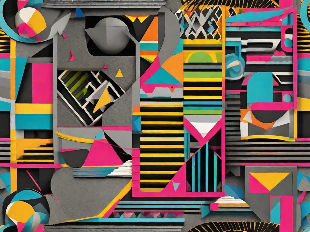 Uma vibrante colagem de formas geométricas e cores ousadas, representando a natureza dinâmica e experimental da poesia concreta brasileira. Cada forma se entrelaça com a próxima, simbolizando a interconexão de diferentes movimentos artísticos que influenciaram essa forma única de poesia.