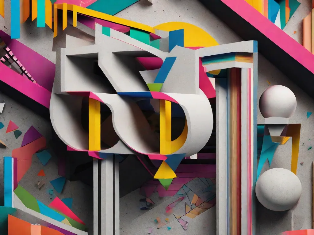 Uma vibrante colagem de formas geométricas coloridas se sobrepondo e se entrelaçando, representando a natureza dinâmica e experimental da poesia concreta brasileira. Cada forma representa um elemento diferente de influência, como tipografia, arte visual e tecnologia, se unindo para criar uma composição visualmente impactante e instigante.