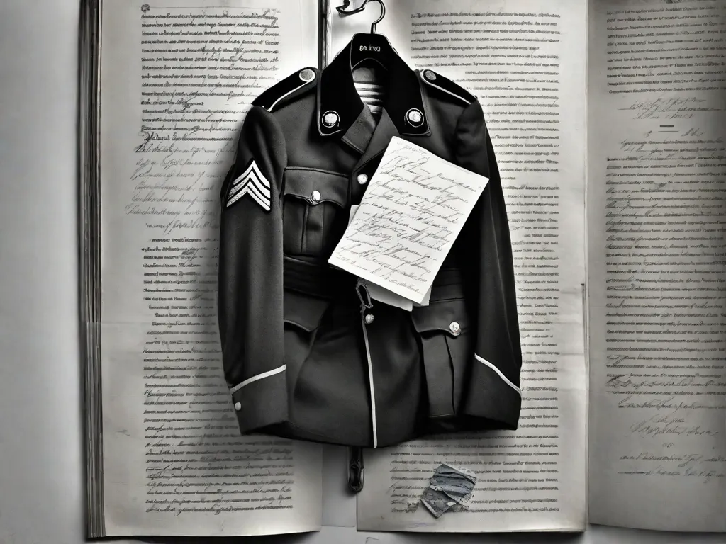 Uma imagem em preto e branco mostrando um uniforme de soldado desgastado pendurado em um gancho, com uma carta de amor escrita à mão aparecendo no bolso. Ao lado, uma pilha de romances de amor muito amados, suas páginas cheias de histórias de paixão e saudade. A justaposição captura a essência agridoce do amor no meio do caos da guerra.