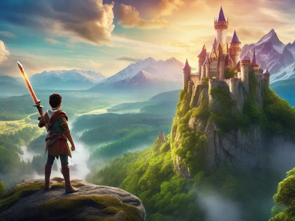 Descrição: Uma capa de livro vibrante apresentando uma paisagem encantadora de fantasia, com montanhas imponentes, florestas verdes exuberantes e um castelo místico ao longe. No primeiro plano, um jovem aventureiro se mantém corajoso, segurando uma espada mágica, pronto para embarcar em uma jornada épica repleta de missões emocionantes e criaturas extraordiná