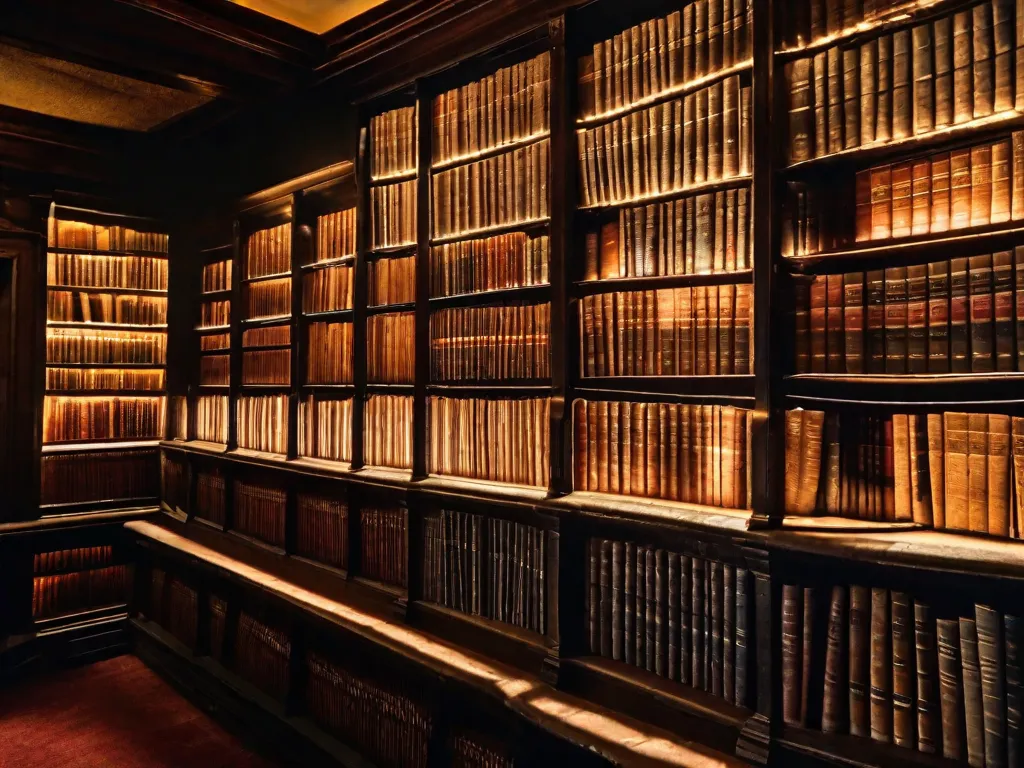 Descrição da imagem: Uma biblioteca com pouca iluminação, cheia de fileiras e mais fileiras de estantes, cada uma empilhada com livros desgastados. A luz do sol passa pelos vitrais coloridos, lançando um brilho quente nas capas de couro bem gastas. Partículas de poeira dançam no ar, como se sussurrassem as histórias atemporais de