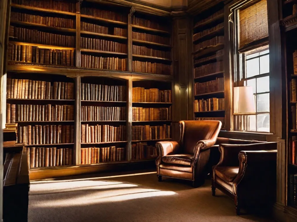 Descrição da imagem:
Uma biblioteca levemente iluminada com fileiras e mais fileiras de estantes de livros se estendendo ao longe. As prateleiras estão repletas de livros desgastados e envelhecidos, cada um deles com o nome de um romance diferente de Richard Matheson. O brilho suave de uma lâmpada de leitura ilumina uma poltrona aconcheg