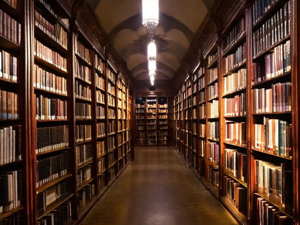 Descrição da imagem: Uma biblioteca com pouca luz, repleta de estantes cheias de livros, cujas lombadas são adornadas com o nome