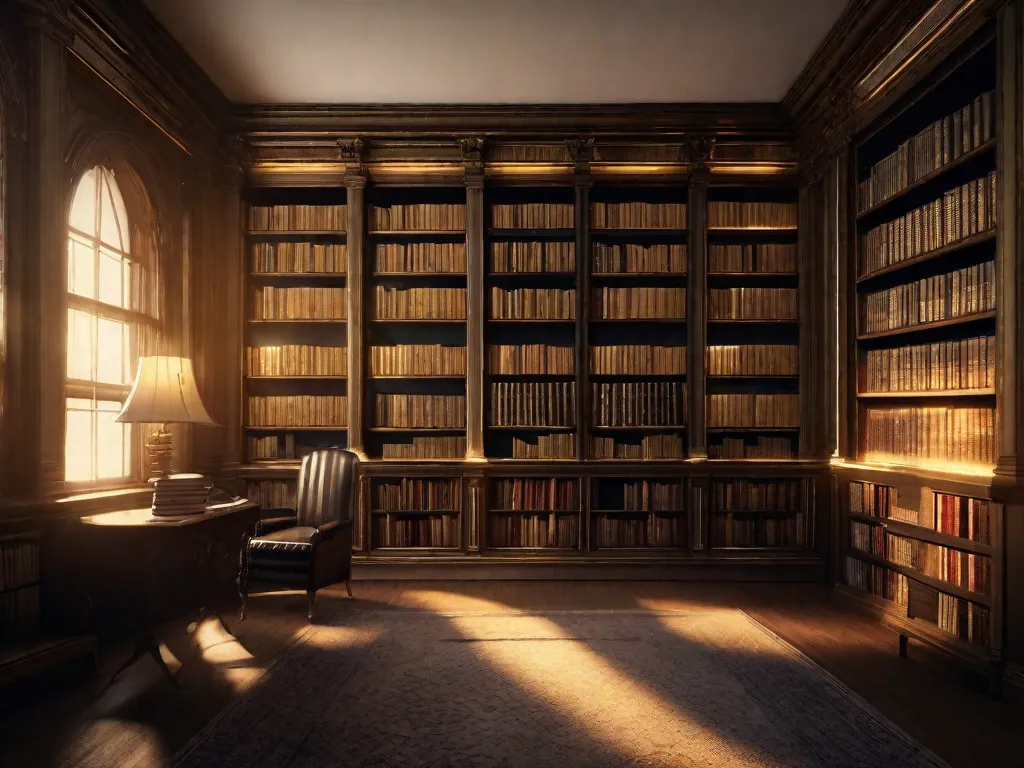 Descrição da imagem: Uma biblioteca com pouca iluminação, cheia de fileiras e mais fileiras de estantes, cada uma empilhada com livros desgastados. A luz do sol passa pelos vitrais coloridos, lançando um brilho quente nas capas de couro bem gastas. Partículas de poeira dançam no ar, como se sussurrassem as histórias atemporais de