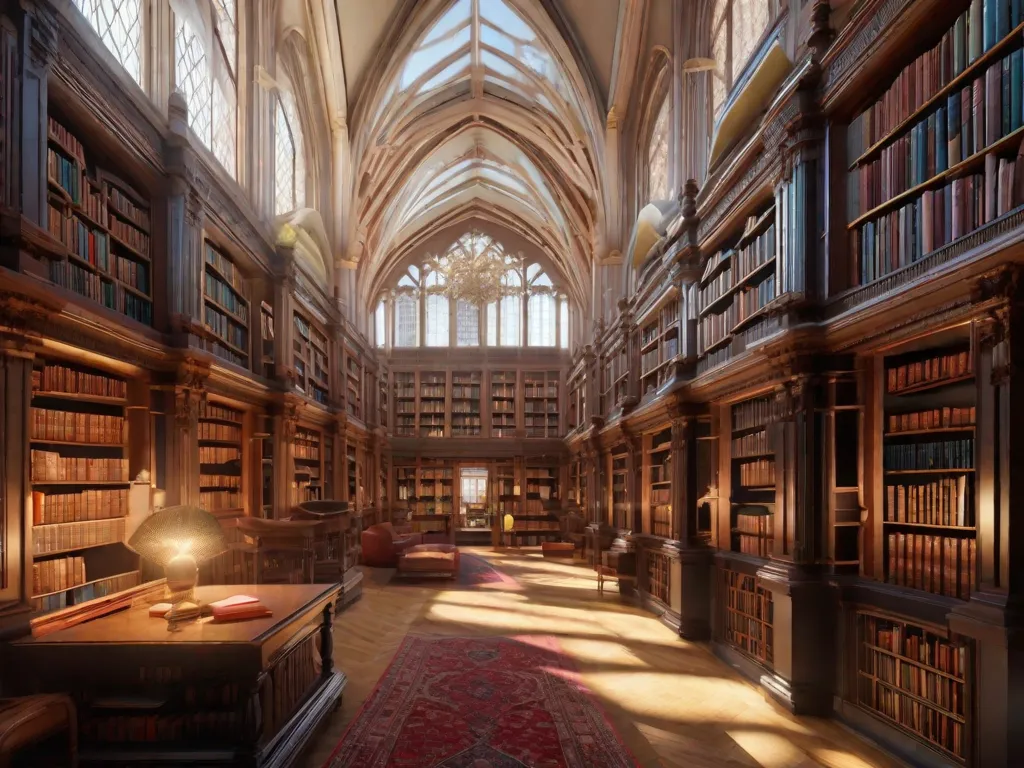 Descrição: Uma biblioteca pitoresca, situada no coração de uma cidade vibrante. A luz do sol atravessa janelas altas, iluminando fileiras de livros que revestem as paredes. Visitantes sentam-se confortavelmente em cantinhos aconchegantes de leitura, absortos em seus livros escolhidos, enquanto outros exploram as prateleiras, descobrindo tesouros literários