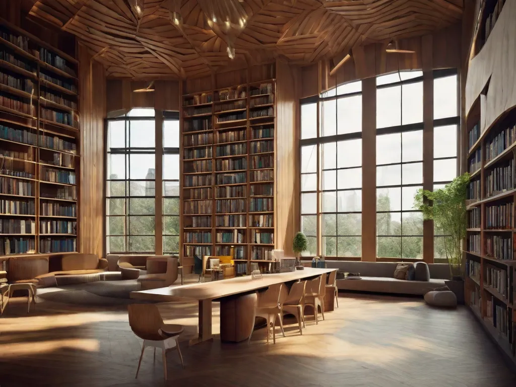Uma imagem cativante de uma biblioteca feita inteiramente com materiais reciclados, mostrando o conceito de construção sustentável. As paredes são adornadas com prateleiras cheias de livros, enquanto a luz natural entra pelas grandes janelas, enfatizando a importância da arquitetura eco-friendly na promoção de um futuro mais verde.