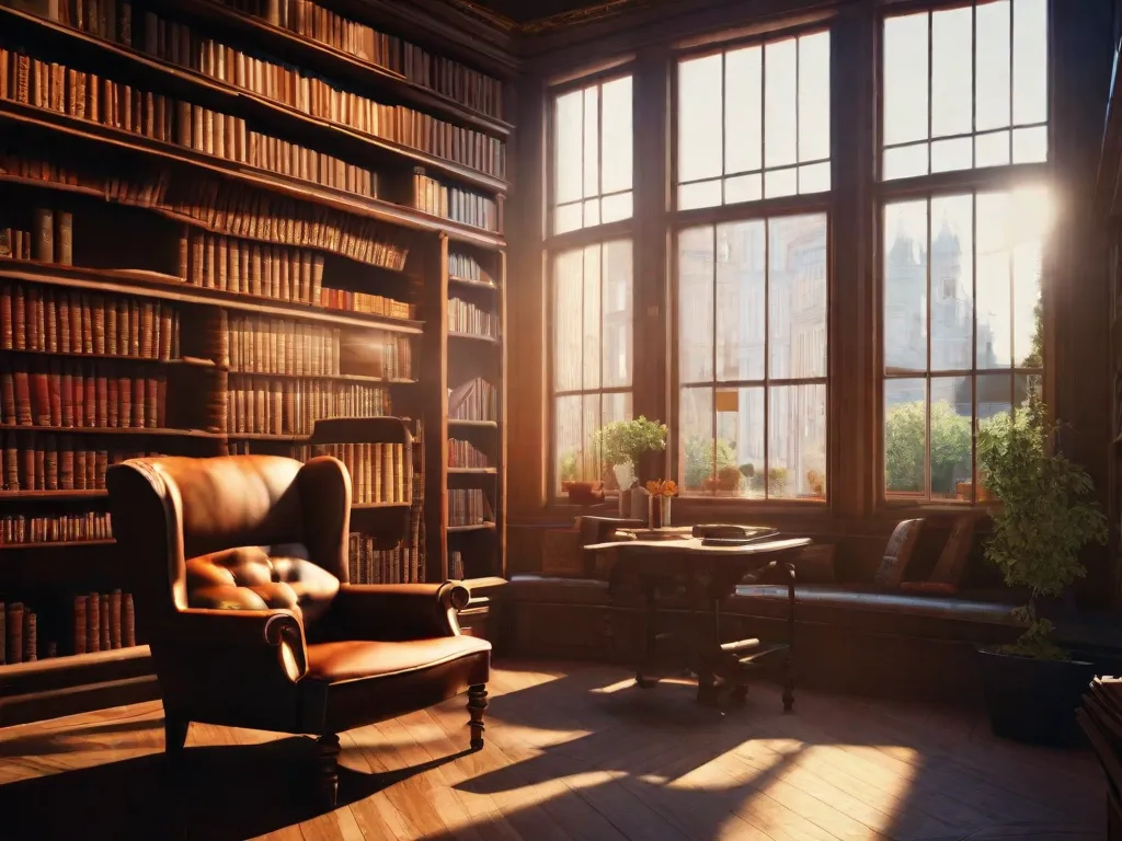 Descrição da imagem: Um cantinho aconchegante de uma biblioteca, cheio de estantes de livros do chão ao teto. A luz suave do sol entra por uma janela grande, lançando um brilho caloroso em uma poltrona e uma pequena mesa de madeira. Uma xícara de chá fumegante está ao lado de um livro bem usado, convidando os leitores a se imergire