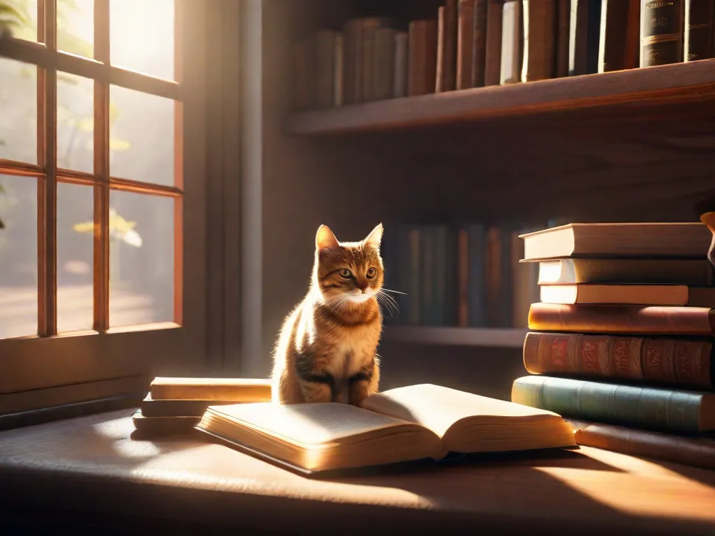Descrição da imagem: Um cantinho aconchegante para leitura com uma pilha de livros e um gato descansando tranquilamente em cima. Os livros estão abertos, exibindo vários dicionários com capas coloridas. O gato olha curiosamente para as páginas, adicionando um toque de charme felino à cena acadêmica.
