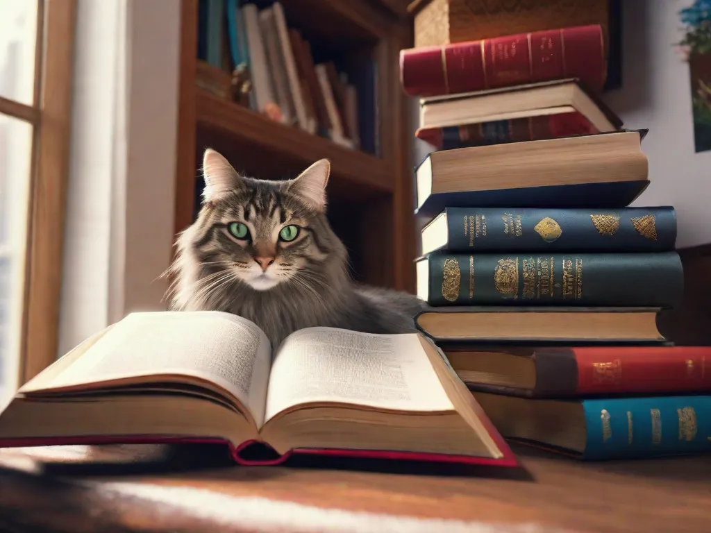 Descrição da Imagem: Um cantinho aconchegante para leitura com uma pilha de livros em cima de uma mesa de madeira. Entre os livros, um gato curioso está empoleirado, olhando atentamente as páginas de um dicionário aberto. A luz do sol quente que entra pela janela adiciona um toque de tranquilidade à cena, convidando os leitores a mergulh