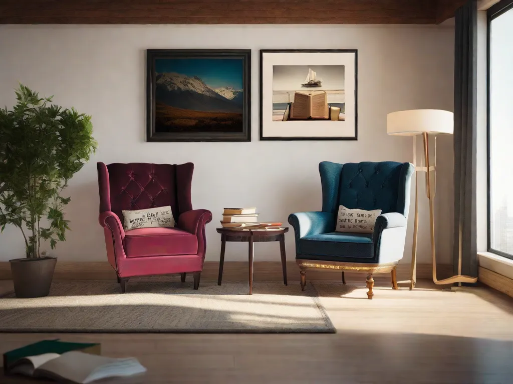 Descrição da imagem: Um cantinho aconchegante para leitura com duas poltronas voltadas uma para a outra. Em uma cadeira, há um livro desgastado intitulado