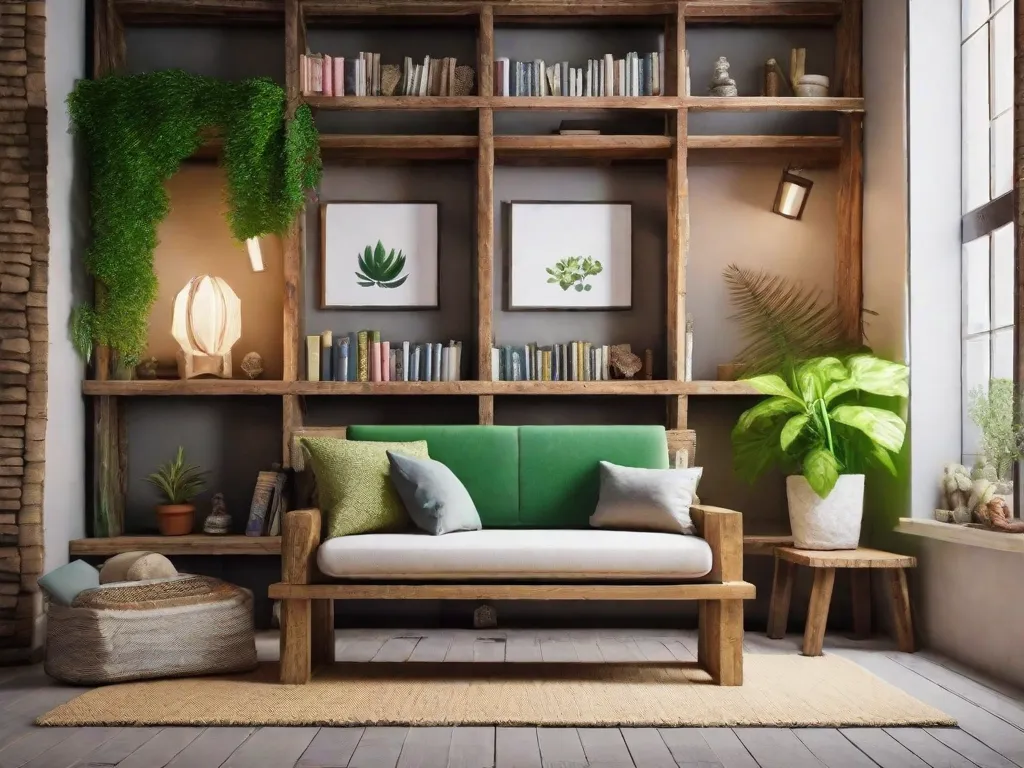 Descrição: Uma imagem de um cantinho aconchegante para leitura feito inteiramente com materiais reciclados. As estantes de livros são feitas de madeira reaproveitada, enquanto as almofadas são feitas de tecido reaproveitado. Uma planta em vaso está em cima de uma caixa de madeira repurposta, adicionando um toque de verde a este espaço sustentável de leitura.