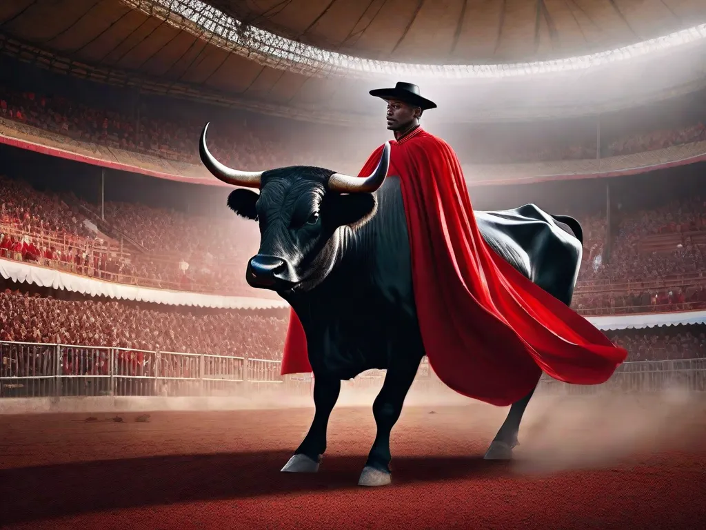 Na imagem, uma capa vermelha vibrante gira graciosamente pelo ar, capturando a atenção de um elegante touro negro. Em meio à intensidade da arena de touradas, um livro solitário se destaca, simbolizando o poder da literatura em nos transportar para diferentes mundos e acender nossa imaginação.