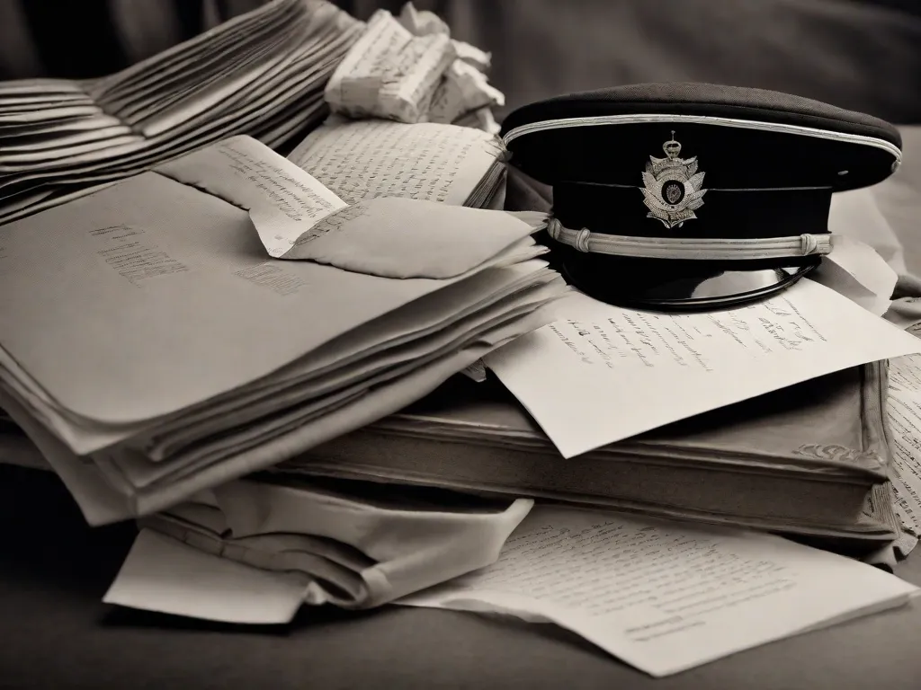 Uma imagem em preto e branco mostra um uniforme de soldado desgastado, jogado sobre um monte de cartas de amor. Páginas desbotadas com palavras sinceras aparecem entre as dobras, simbolizando o romance agridoce que floresceu em meio ao caos da guerra.
