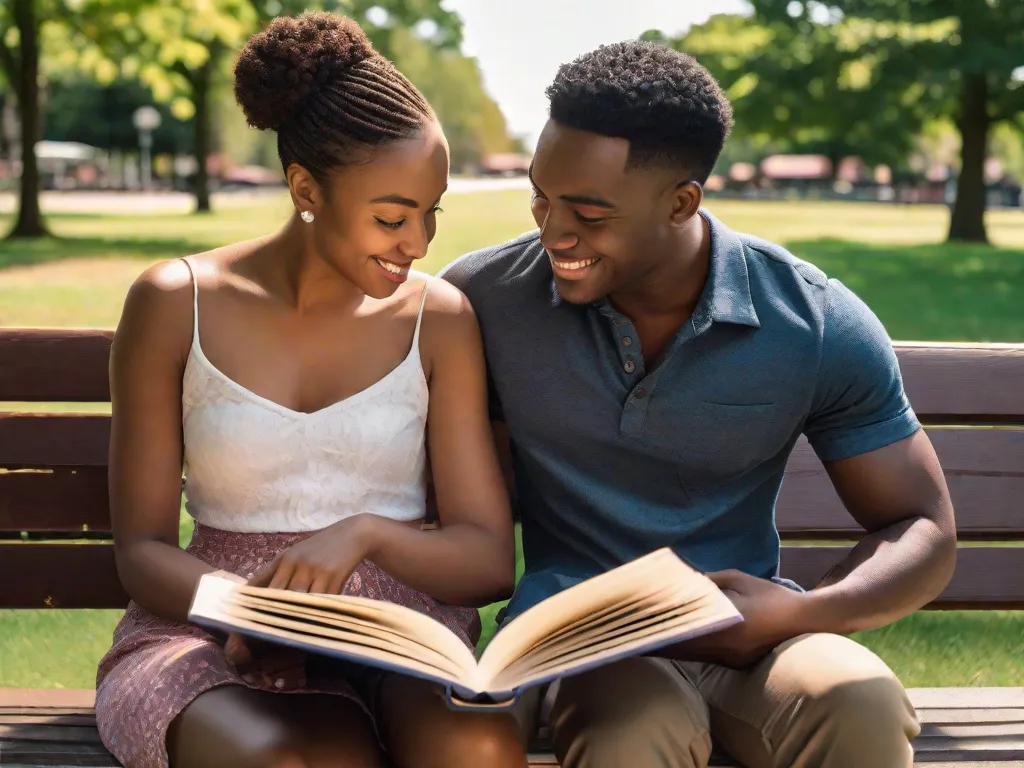 Descrição da imagem: Um casal jovem senta-se em um banco de parque, absorto em um livro que estão lendo juntos. A capa do livro mostra duas mãos entrelaçadas de tons de pele diferentes, simbolizando o romance interracial retratado em suas páginas. Suas expressões irradiam alegria e amor enquanto compartilham essa jornada literária, quebrando barreiras e celebrando a divers